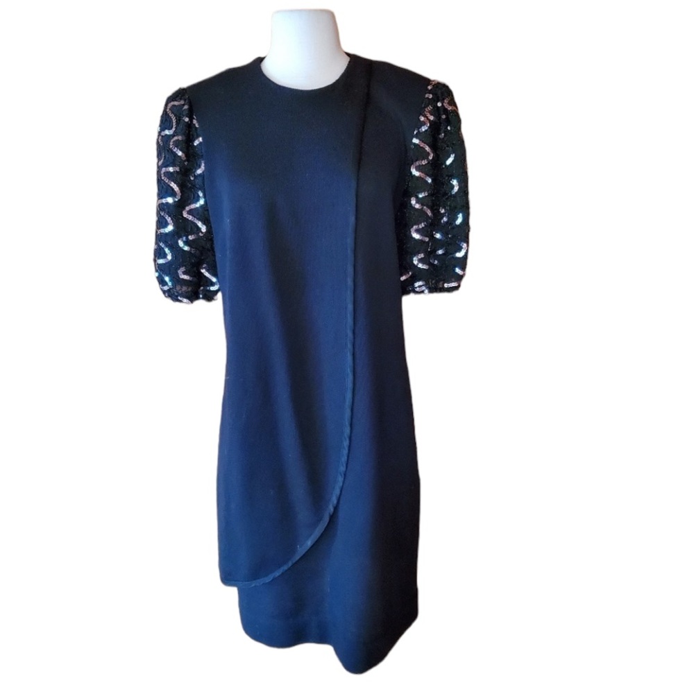 1970s Leslie Fay Black, Cotton Blend, Sequin Dress